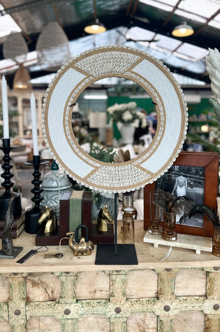 Tribal Beaded Cowrie Shell Disc on Stand - Large