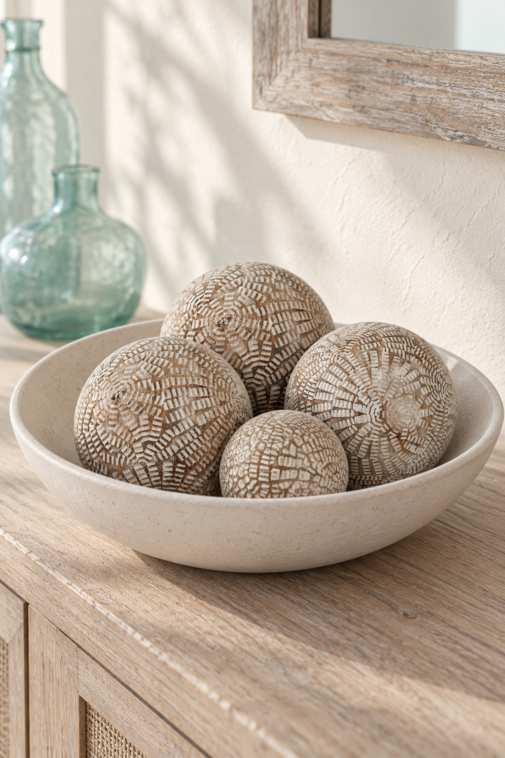 Mandalay carved wooden balls in 10 and 7 centimetre sizes styled in a shallow bowl