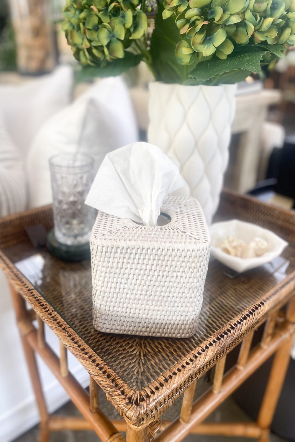 Geneva White Rattan Square Tissue box