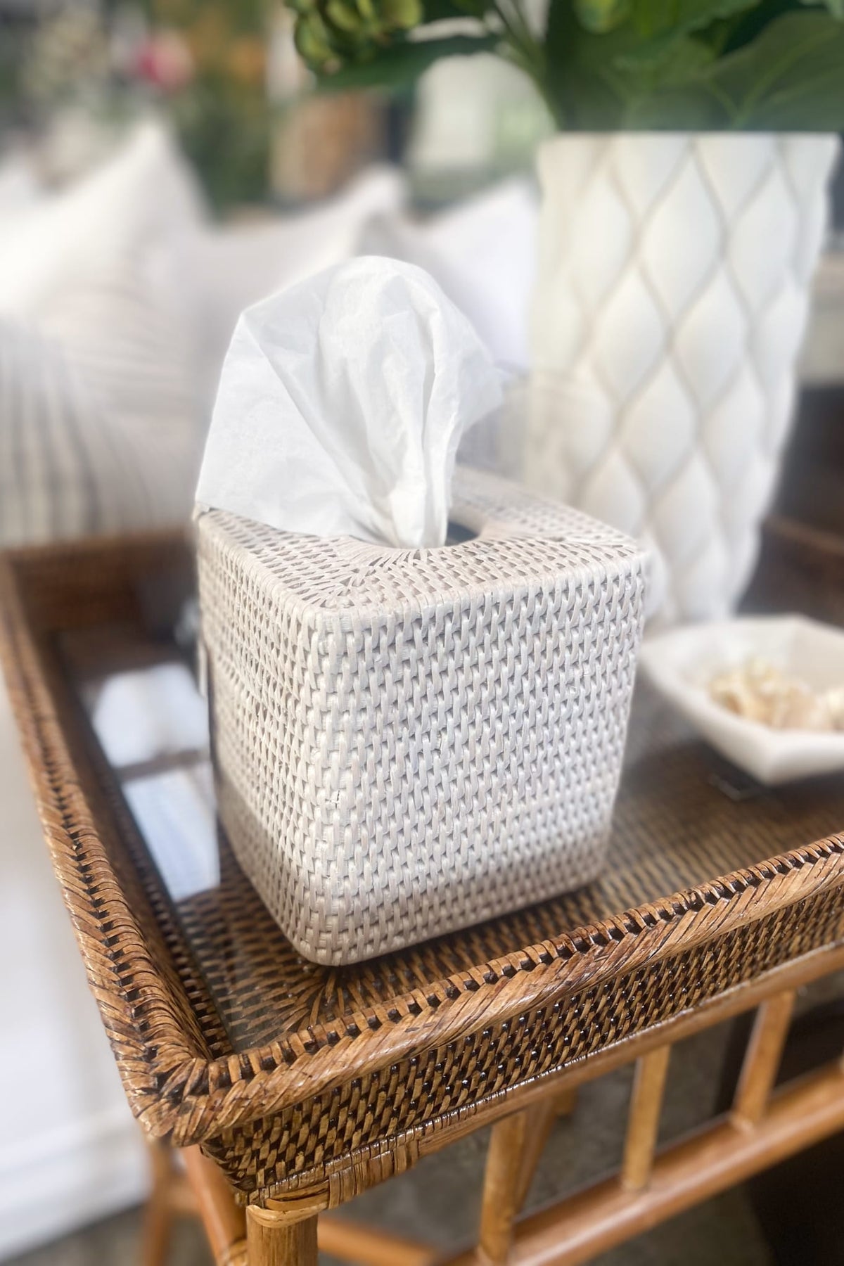 Geneva White Rattan Square Tissue box - Magpie Style