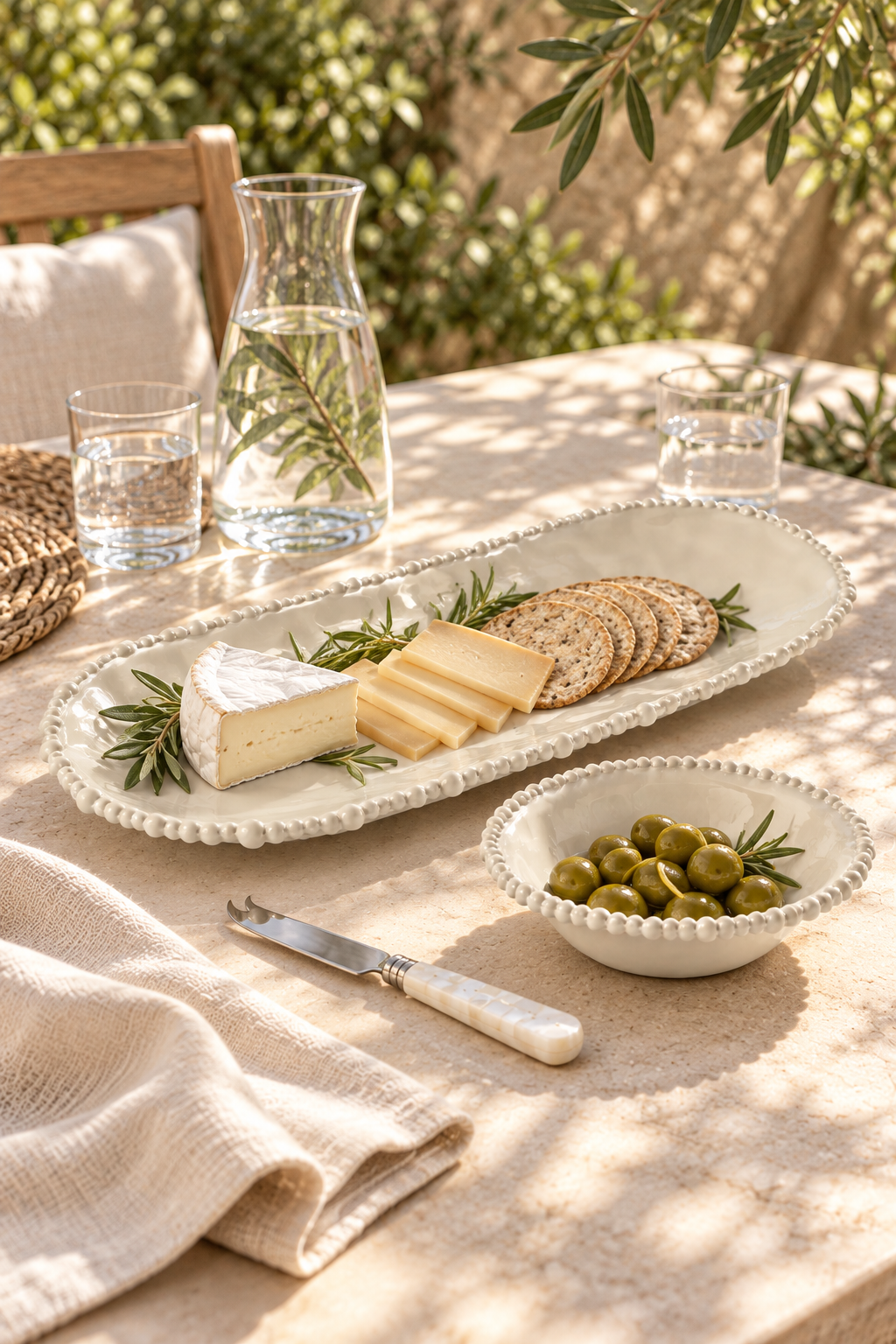 Sand Pearl long melamine platter styled with a neat cheese and cracker assortment