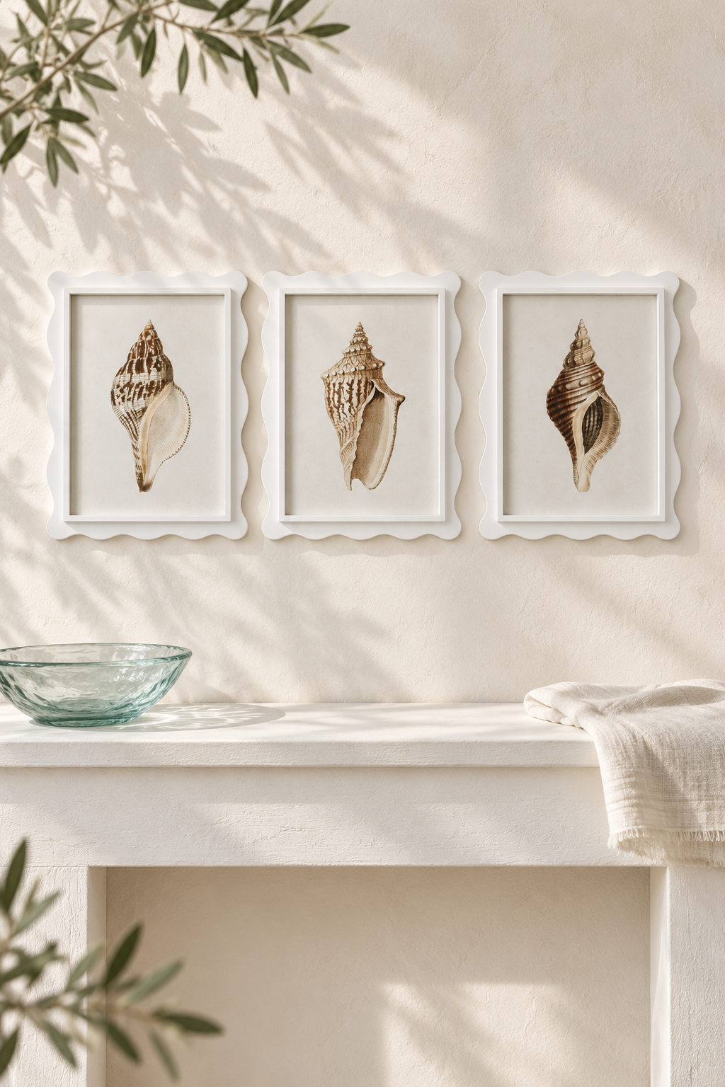 Scalloped Shell Studies A, B and C styled together in a coastal interior