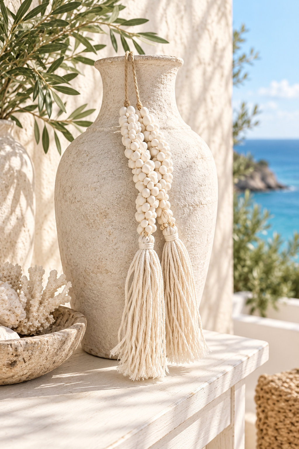 St Barts White Shell Tassel styled in a coastal home