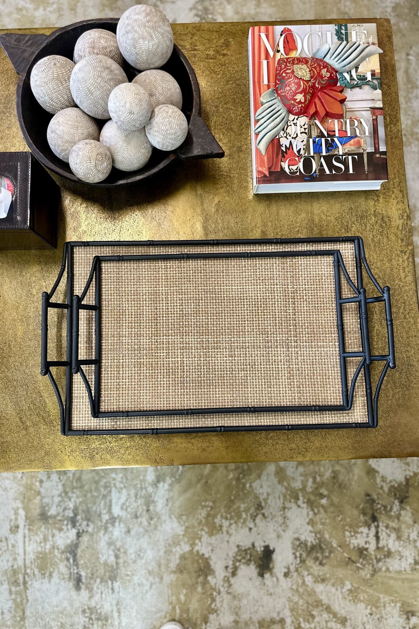 Large Rattan and Metal Bamboo Tray - Magpie Style