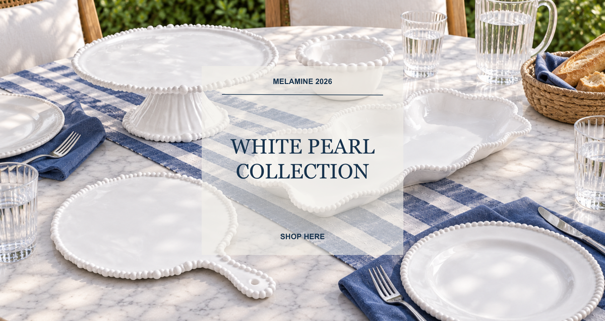 White Pearl melamine collection, featuring white beaded serving dishes. Shop Melamine.