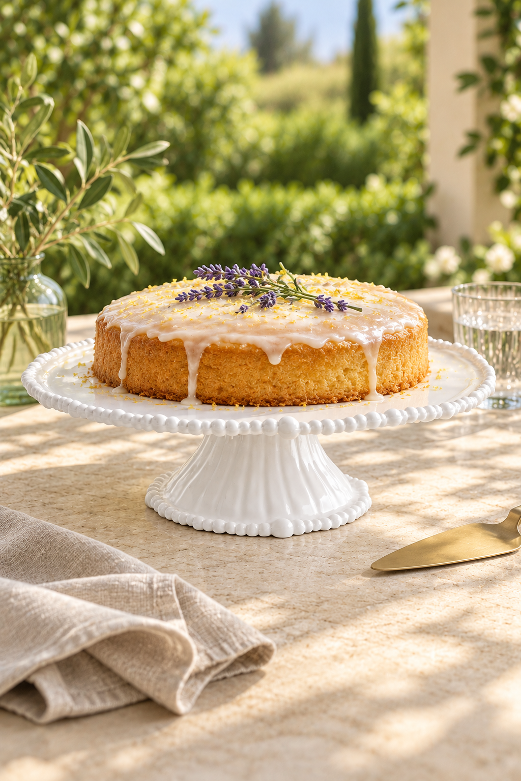 White Pearl Melamine cake stand with lemon cake and lavender in a sunlit garden