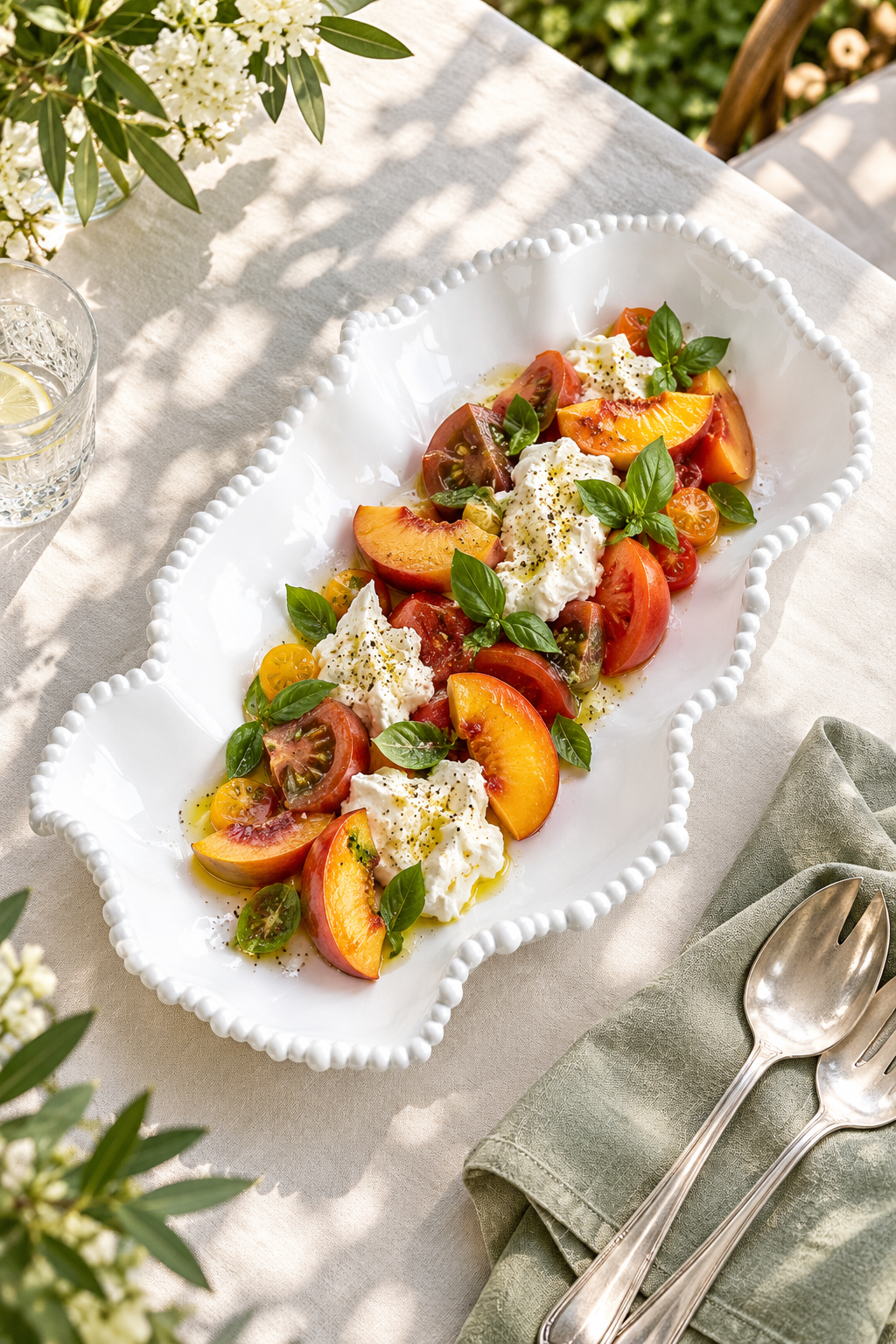 White Pearl Melamine wobbly long dish styled with tomatoes and burrata outdoors