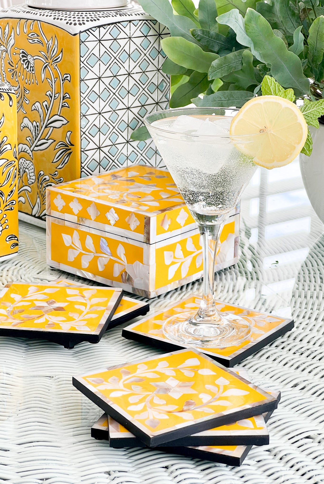 MAGPIE HOME Mother of Pearl Inlay Box + Coasters - Sunflower - Magpie Home - [product type] - Magpie Style