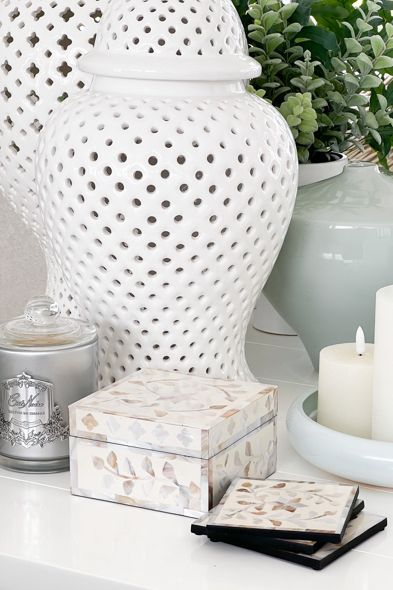 MAGPIE HOME Mother of Pearl Inlay Box + Coasters - Off White - Magpie Home - [product type] - Magpie Style