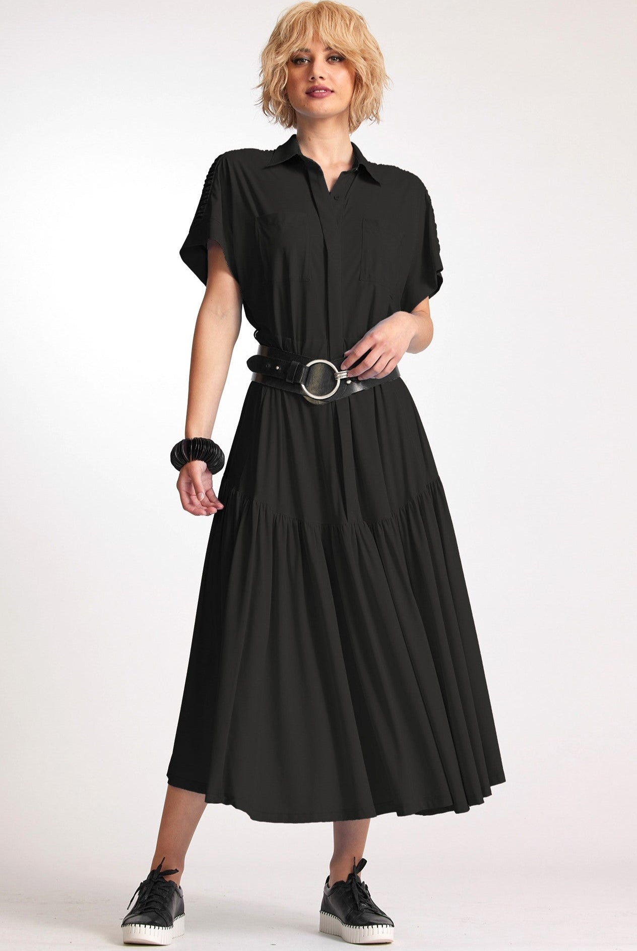 PAULA RYAN Rouched Cap Sleeve Dress - Black - Paula Ryan