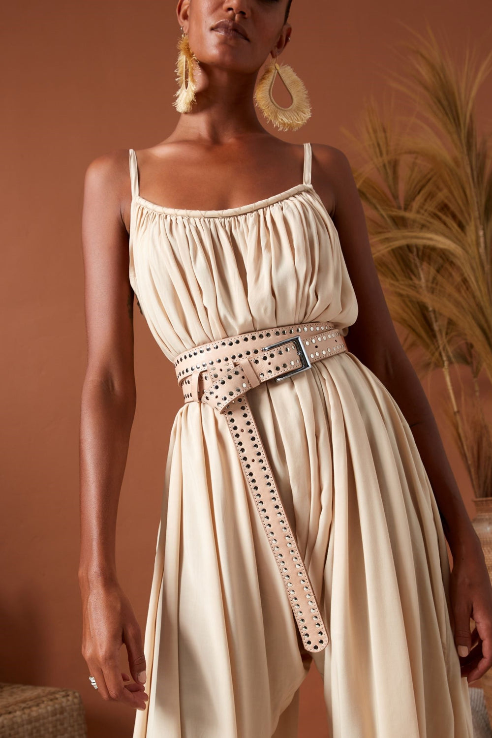 ERIKA PENA Studded Scott Belt - Tan/Silver