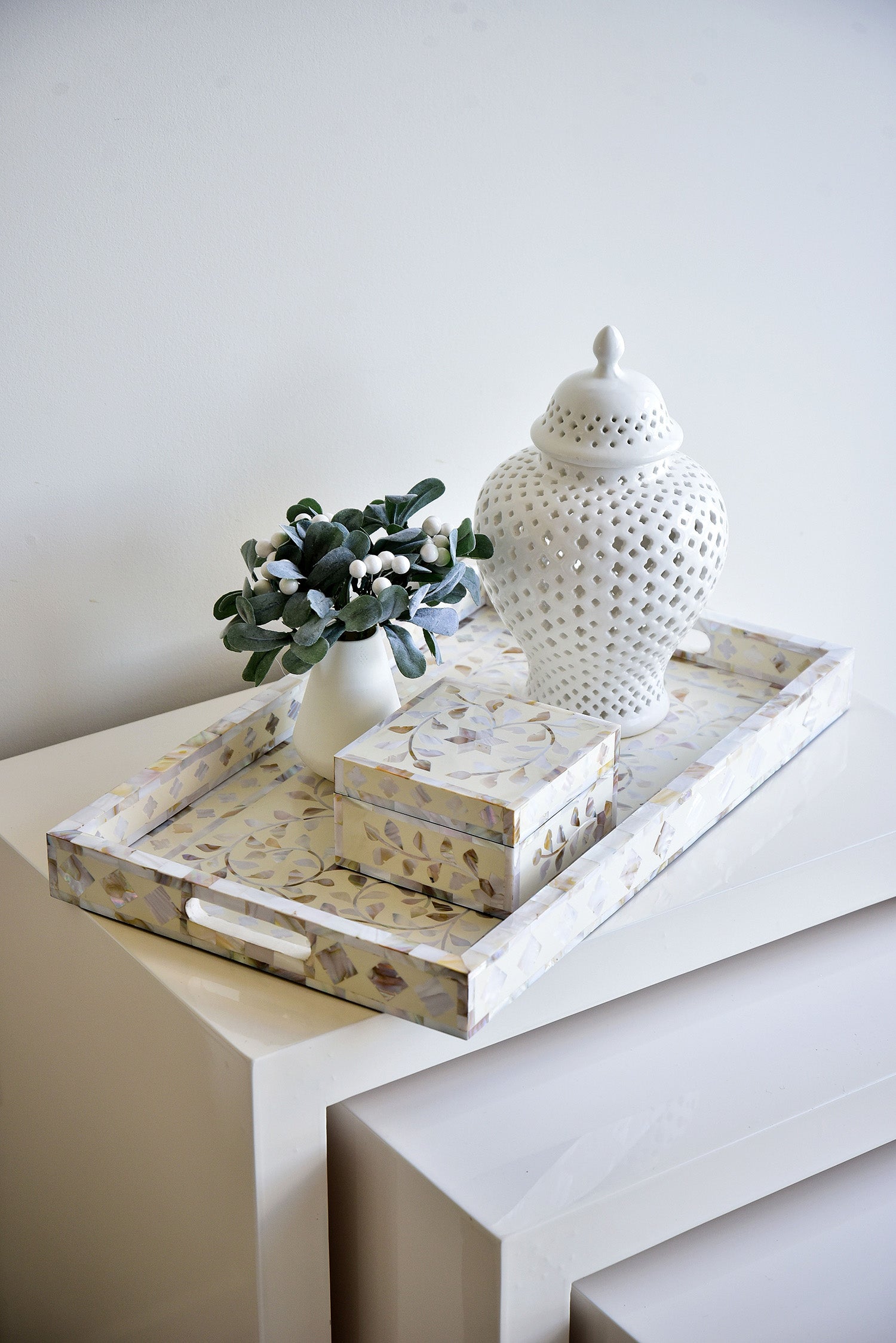 MAGPIE HOME Mother of Pearl Inlay Tray - Off White - Magpie Home - [product type] - Magpie Style