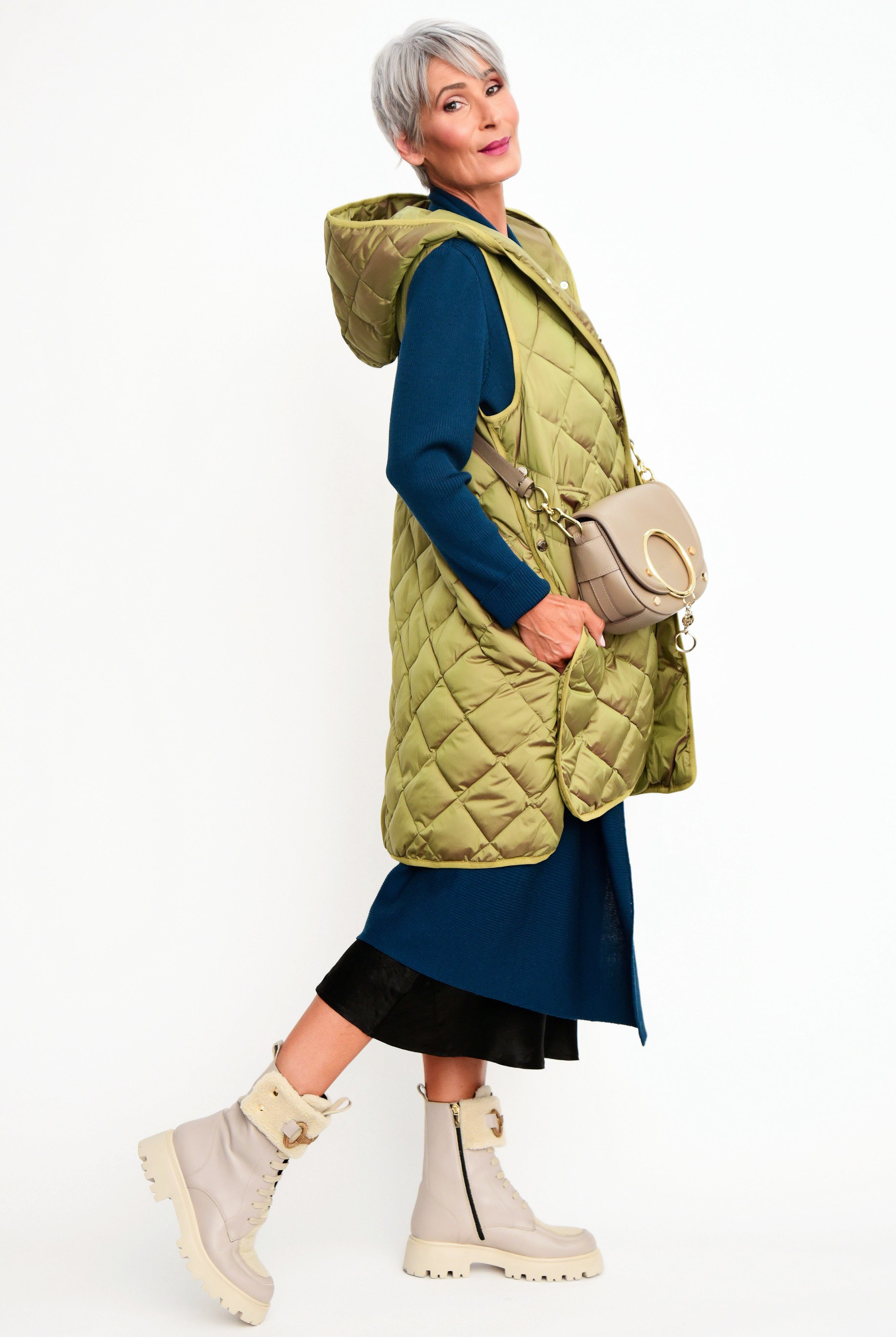 MOKÉ Mae Quilted Long Vest - Avocado - Magpie Style